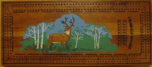 Mid Century Deer In The Woods Cribbage Board - Very similar design to the Crisloid Co.'s Cribbage board, but has no manufacturers identification. Either someone used Crisloids board design, or Crisloid may have been manufacturing these as a private label item.