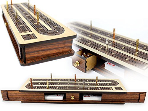 Maple, and rosewood, detailed craftsmanship, sliding doors, and a wee little drawer for your cribbage pegs. This ones a charmer. If not for yourself, this is an ideal cribbage board gift for the either serious, or the novice cribbage player.