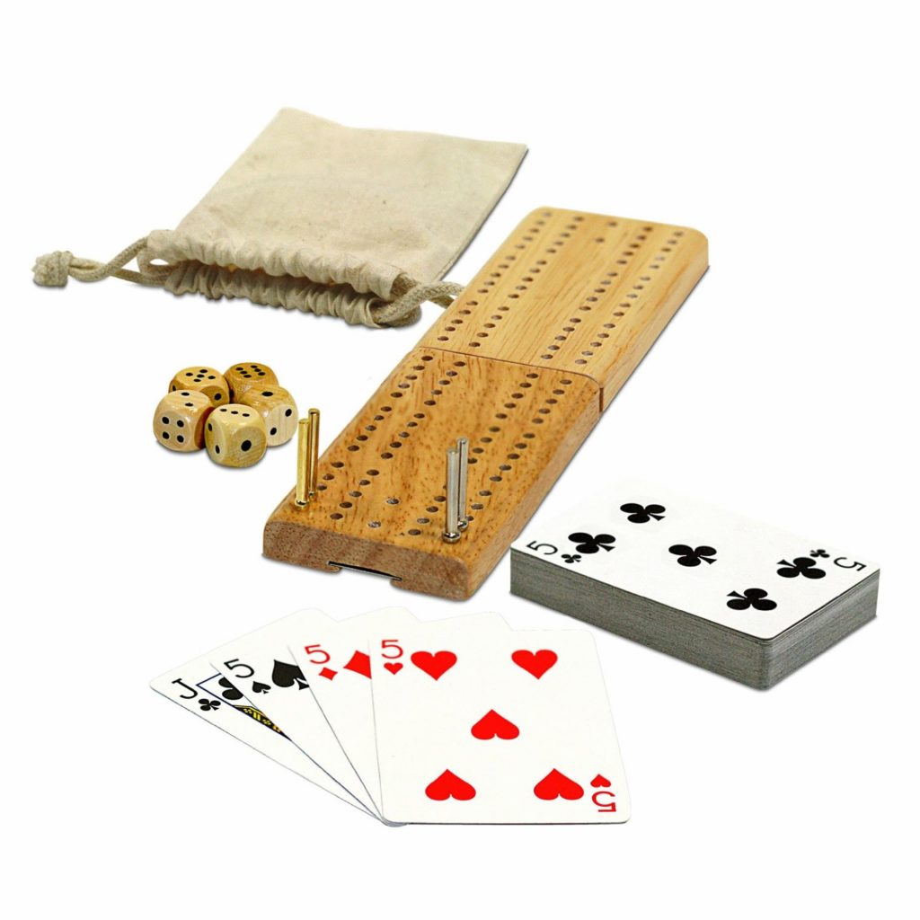 Folding Cribbage Board, 5- Throwing Dice, Playing Cards, Pegs, and a neat little carry bag all for one low price.