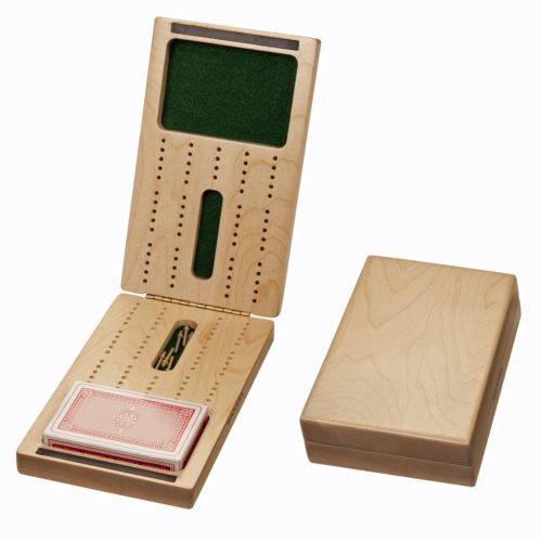 Travel Cribbage Set (Made in USA) - Solid Wood Folding 2 Track Full-size Board with Storage for Cards and Metal Pegs