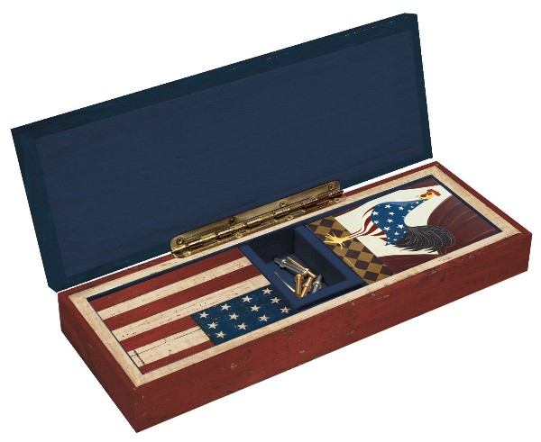 Lift the top on the Grand Old Flag Cribbage Board to reveal a hidden storage area for playing cards and scoring pegs. Inside you will find 2 decks of 4th of July themed playing cards (poker-sized deck) and 9 quality, metal cribbage scoring pegs.